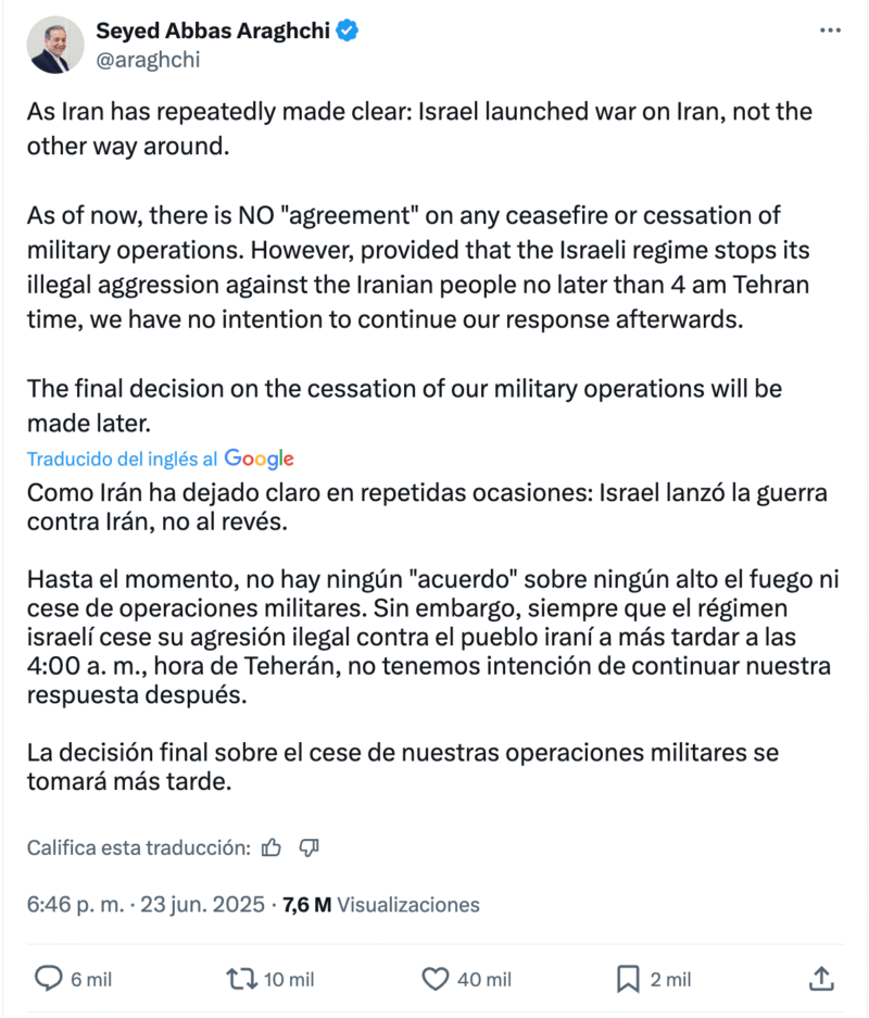 Posicionamiento del Ministro de Relaciones Exteriores de Irán sobre el cese al fuego